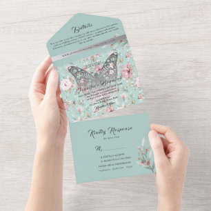 Pastell-Aquarell-Blumen Hochzeit Rosa Blau All In One Einladung