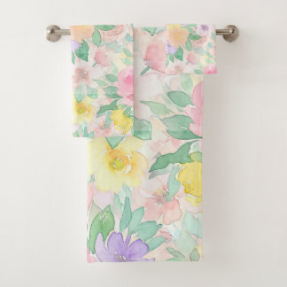 Pastell-Aquarell-Blumenmuster – Sanfter Frühling Badhandtuch Set