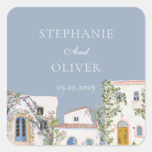 Pastell-Aquarell-Mittelmeer-Italienische Hochzeit Quadratischer Aufkleber