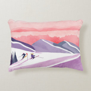 Pastell-Aquarell-Ski-Berg-Sonnenuntergang Dekokissen