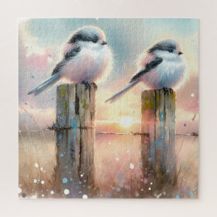 Pastell-Aquarell-Vögel Zaunpfosten Sonnenuntergang