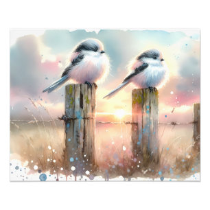Pastell-Aquarell-Vögel Zaunpfosten Sonnenuntergang Fotodruck
