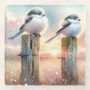 Pastell-Aquarell-Vögel Zaunpfosten Sonnenuntergang Glasuntersetzer