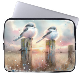 Pastell-Aquarell-Vögel Zaunpfosten Sonnenuntergang Laptopschutzhülle