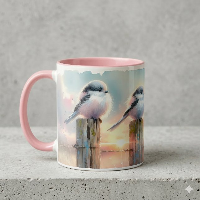 Pastell-Aquarell-Vögel Zaunpfosten Sonnenuntergang Tasse (Pastel Watercolor Birds Fencepost Sunset Mug On Gray Counter)
