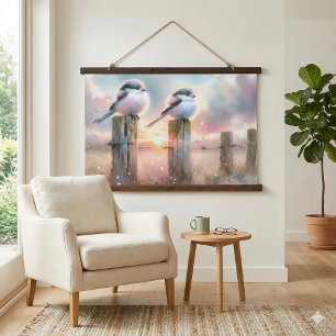 Pastell-Aquarell-Vögel Zaunpfosten Sonnenuntergang Wandteppich Mit Holzrahmen
