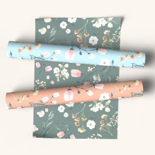 Pastell-Aquarell-Wildblumen in Orange und Babyblau Geschenkpapier Set