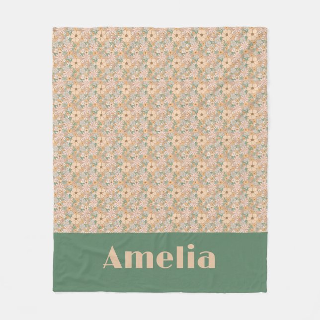 Pastell-Beige-Blumenmuster-Name Fleecedecke (Vorderseite)