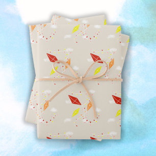 Pastell-Beige-Drachen im Himmel-Muster Kindergebur Geschenkpapier Set