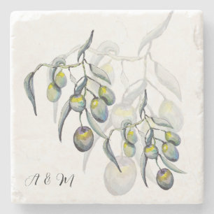 Pastell Blau Grau Olivenzweig Aquarell Steinuntersetzer