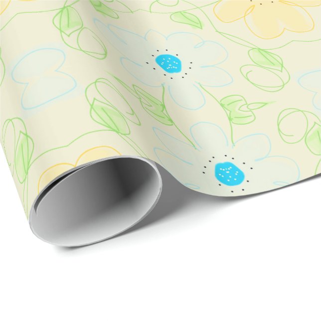 Pastell Blau und Gelb Blumendesigner Geschenkcreme Geschenkpapier (Rolleneckpunkt)