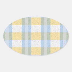 Pastell Blau und Gelb Karomuster Ovaler Aufkleber