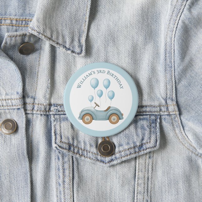 Pastell Blue Car & Balloons Geburtstagsparty Button (Beispiel)