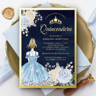 Pastell Blue Floral Dress Navy Quinceanera Gold Folieneinladung
