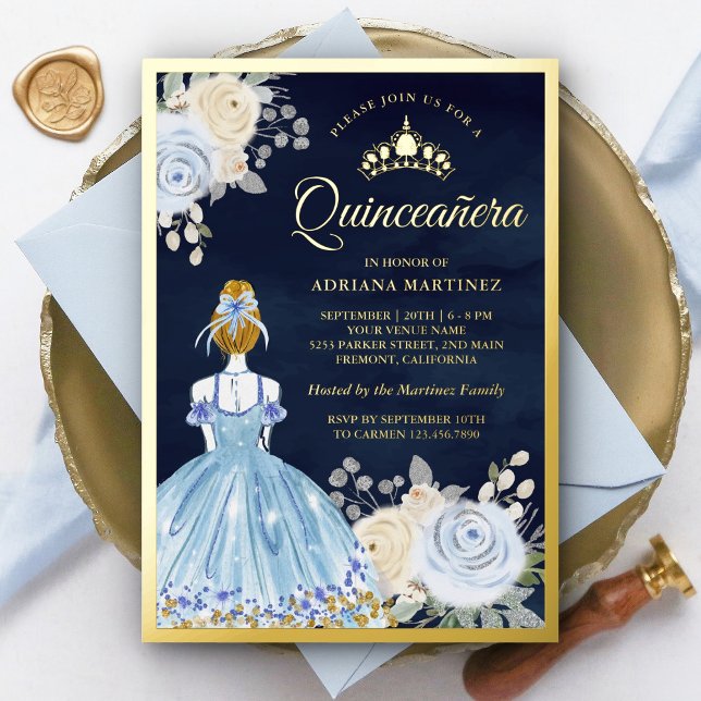 Pastell Blue Floral Dress Navy Quinceanera Gold Folieneinladung (Von Creator hochgeladen)