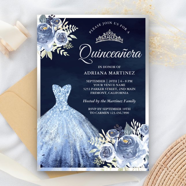 Pastell Blue Floral Gown Navy Silver Quinceanera Einladung (Von Creator hochgeladen)