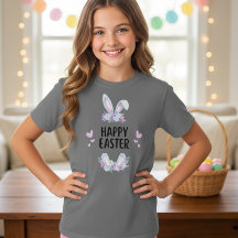 Pastell-Blumen-Hasenohren-Happy-Easter-T-Shirt