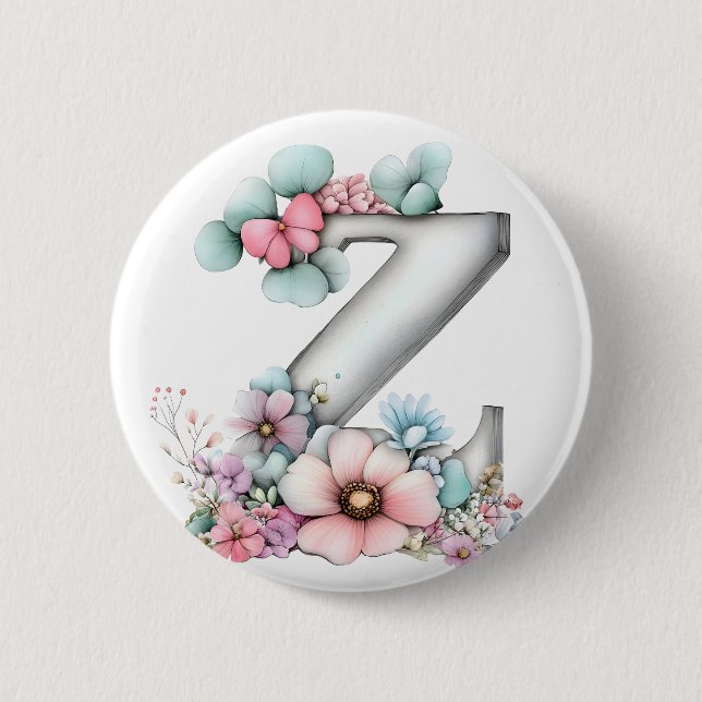 Pastell-Blumen-Initiale Z-Monogramm Button (Vorderseite)