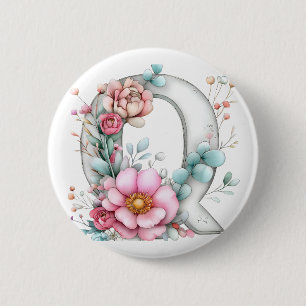 Pastell-Blumen-Letter-Q-Monogramm Button