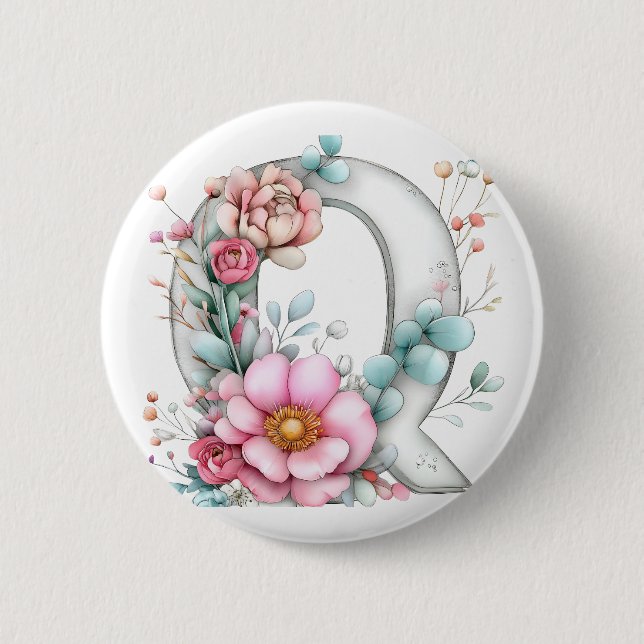 Pastell-Blumen-Letter-Q-Monogramm Button (Vorderseite)