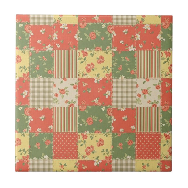 Pastell-Blumen-Patchwork-Picknick-Muster (2) Fliese (Vorderseite)