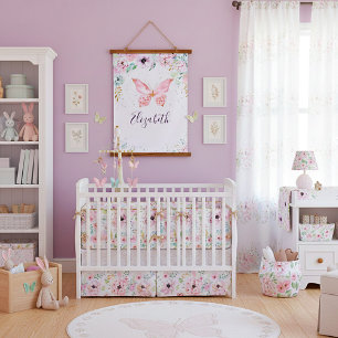 Pastell-Blumen und Schmetterlings-Baby   Wandteppich Mit Holzrahmen