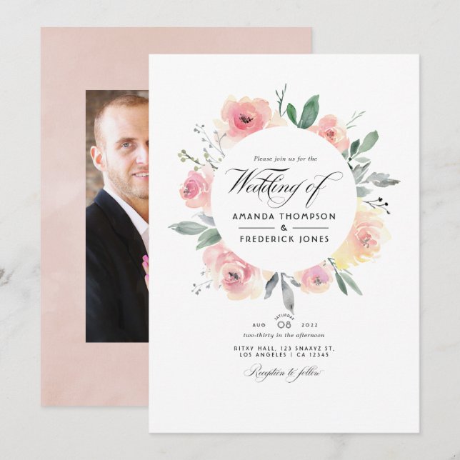 Pastell Blush Pink Bloral Wedding Foto Einladung (Vorne/Hinten)