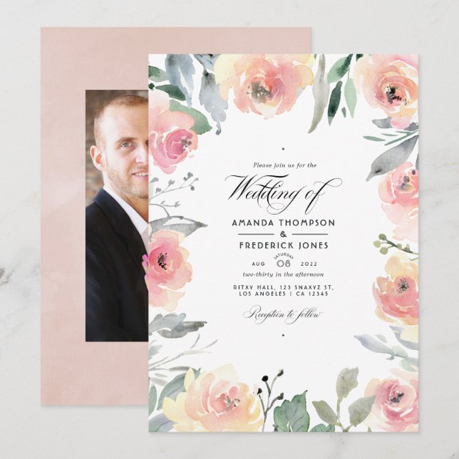 Pastell Blush Pink Bloral Wedding Foto Einladung (Vorne/Hinten)