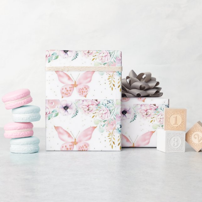 Pastell, Blüten und Schmetterlinge Geschenkpapier (Babyparty)
