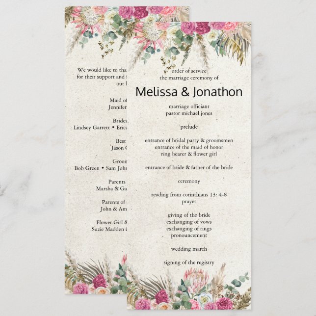 Pastell Boho Neutrales Florales Hochzeitsprogramm Programm (Vorne/Hinten)