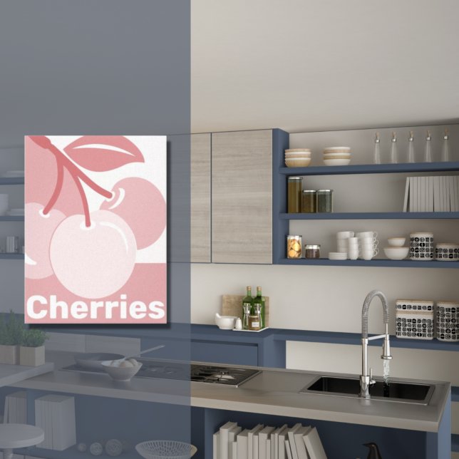 Pastell Cherries Dekor in Rosa und Weiße Küche Leinwanddruck (Pastel Cherries Pink & White Kitchen Art Canvas)