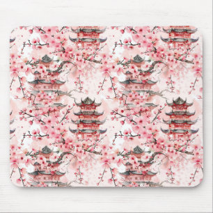 Pastell-Chinesische Pagoden-Kirschblüten-Landschaf Mousepad