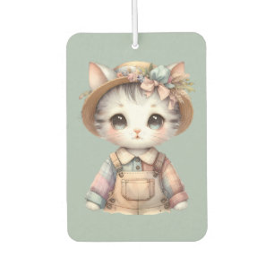 Pastell Cottagecore Katze in Latzhose & Strohhut Autolufterfrischer