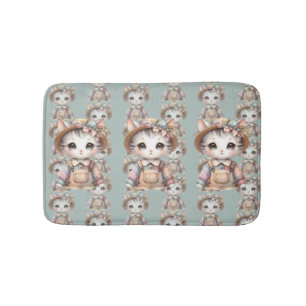 Pastell Cottagecore Katze in Latzhose & Strohhut Badematte