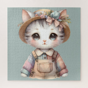 Pastell Cottagecore-Katze in Overall und Strohhut