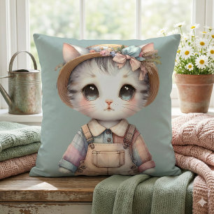 Pastell Cottagecore Katze mit Latzhose und Strohhu Kissen