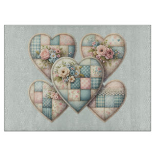 Pastell Cottagecore Patchwork-Herzen Schneidebrett