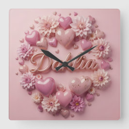 Pastell-Dahlien-Blüten-Kunst mit Herzen Quadratische Wanduhr