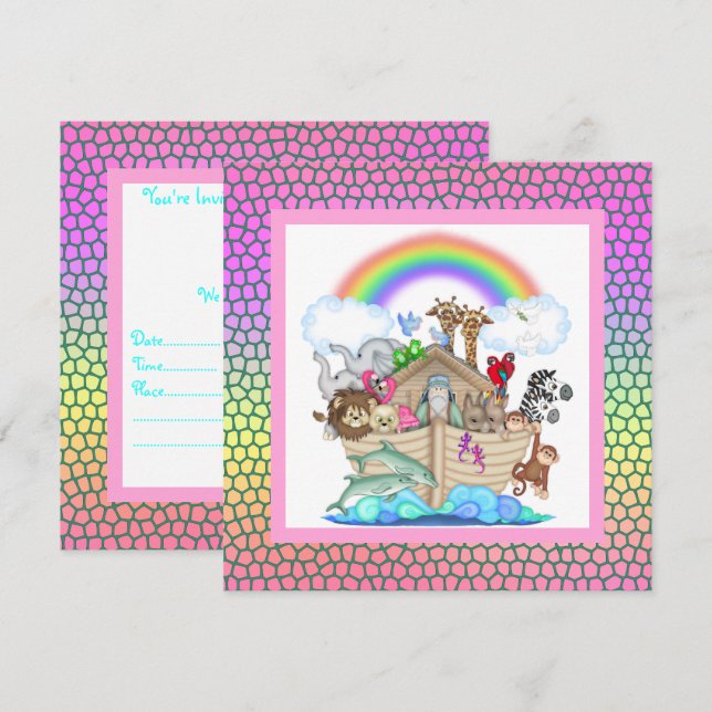 Pastell farbig NOAHS ARK PARTY EINLADUNG (Vorne/Hinten)