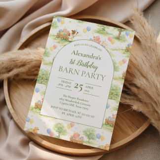 Pastell-Farmtiere-Scheunen-Party 1. Geburtstag Einladung