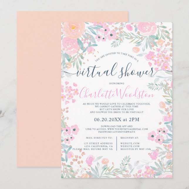 Pastell floral Aquarell Drehbuch virtuelle Dusche Einladung (Vorne/Hinten)