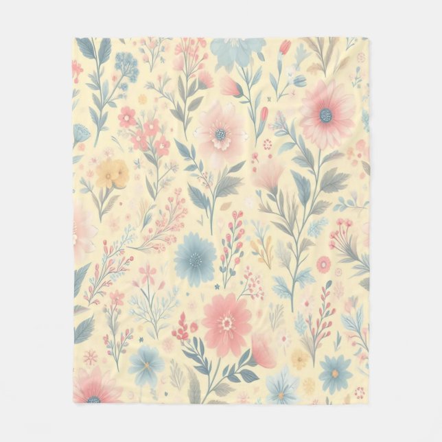 Pastell florales Pink & Blau auf hellgelb Fleecedecke (Vorderseite)