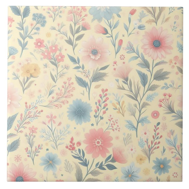 Pastell florales Pink & Blau auf hellgelb Fliese (Vorderseite)