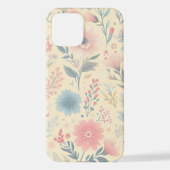 Pastell florales Pink & Blau auf hellgelb iPhone 12 Hülle (Rückseite)