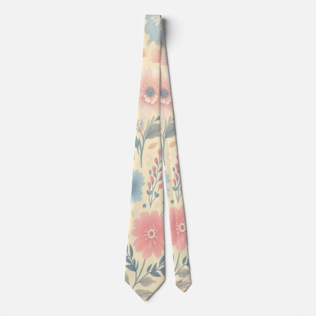 Pastell florales Pink & Blau auf hellgelb Krawatte (Vorderseite)