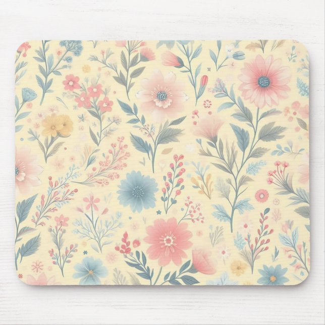 Pastell florales Pink & Blau auf hellgelb Mousepad (Vorne)