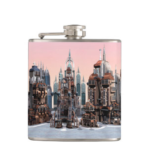 Pastell-Futuristische Stadt-Fantasie-Skyline-Kunst Flachmann