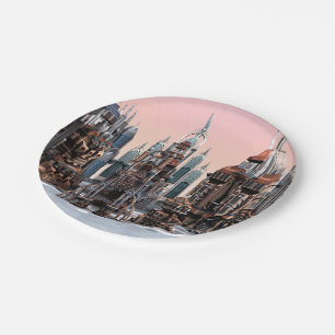 Pastell-Futuristische Stadt-Fantasie-Skyline-Kunst Pappteller