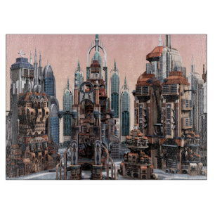 Pastell-Futuristische Stadt-Fantasie-Skyline-Kunst Schneidebrett