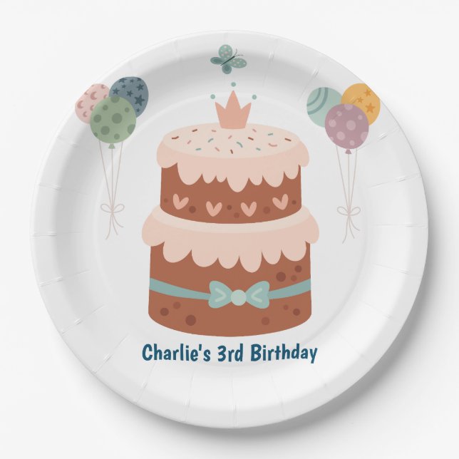 Pastell Geburtstagstorte mit Ballons Pappteller (Vorderseite)